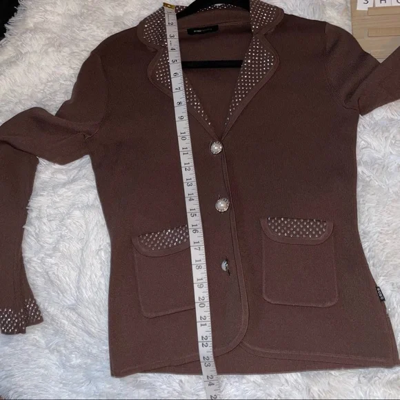 bcbgmaxzria sweater brown jacket woman studs fits small buttons up rhinestone - Picture 7 of 7